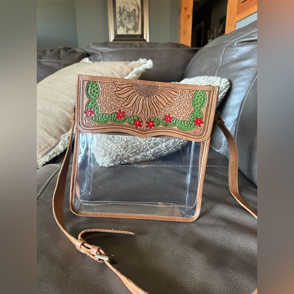 Myra Bag clear Western Crossbody w/ tooled leather sunflower and cactus design.
